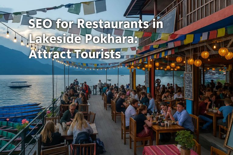 A vibrant lakeside restaurant in Pokhara, Nepal, with customers dining outdoors at sunset, prayer flags strung overhead, and boats on the water.