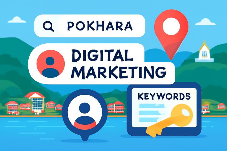 Digital marketing concept showing keyword research and local customer targeting in Pokhara with Nepali cityscape background